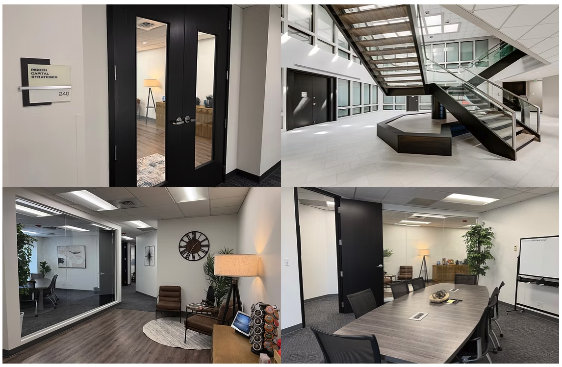 Rigden Capital Strategies headquarters — lobby, atrium, lounge, and conference room
